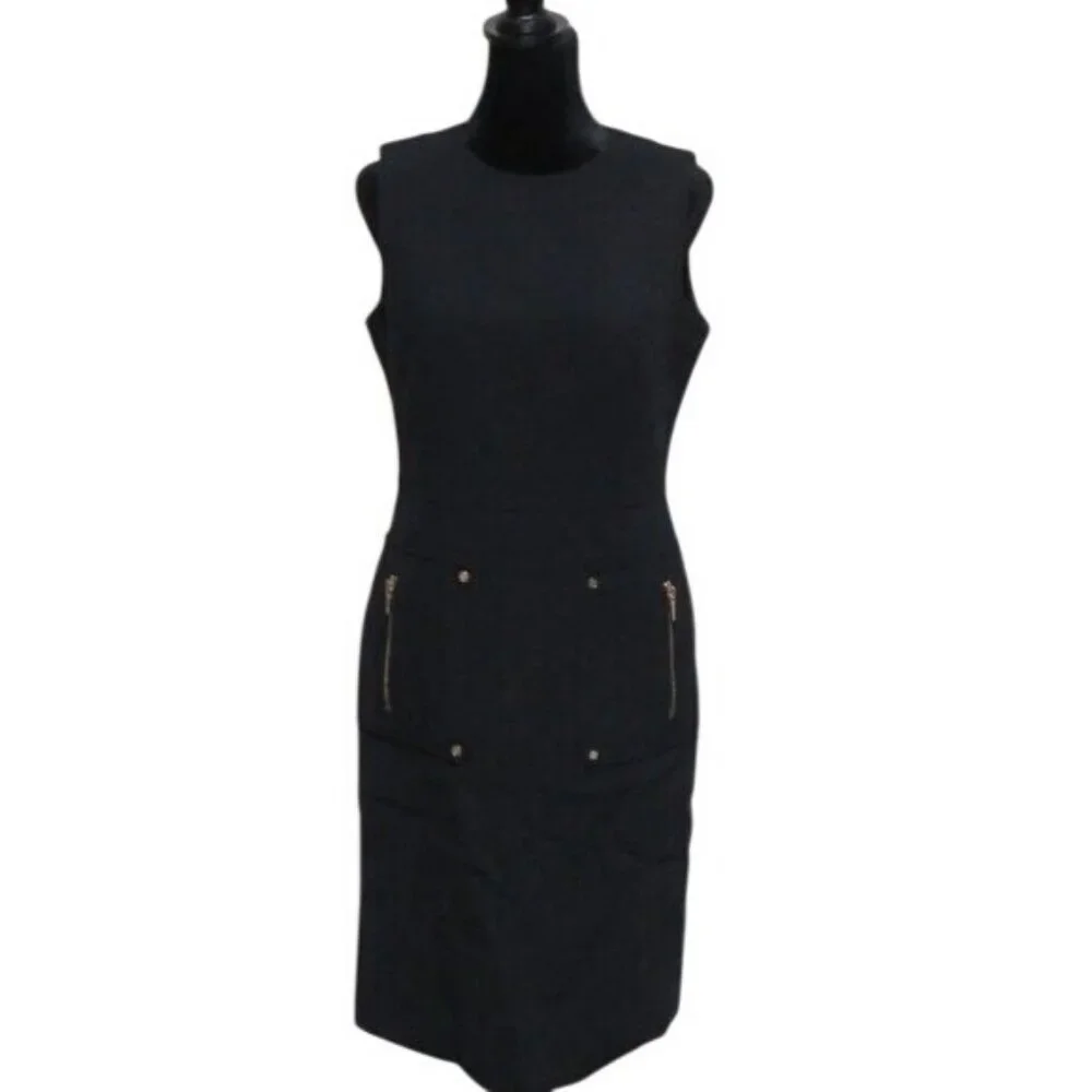 Tory Burch Black Wool Blend Sheath dress slash zipper pockets gold accents sz 4